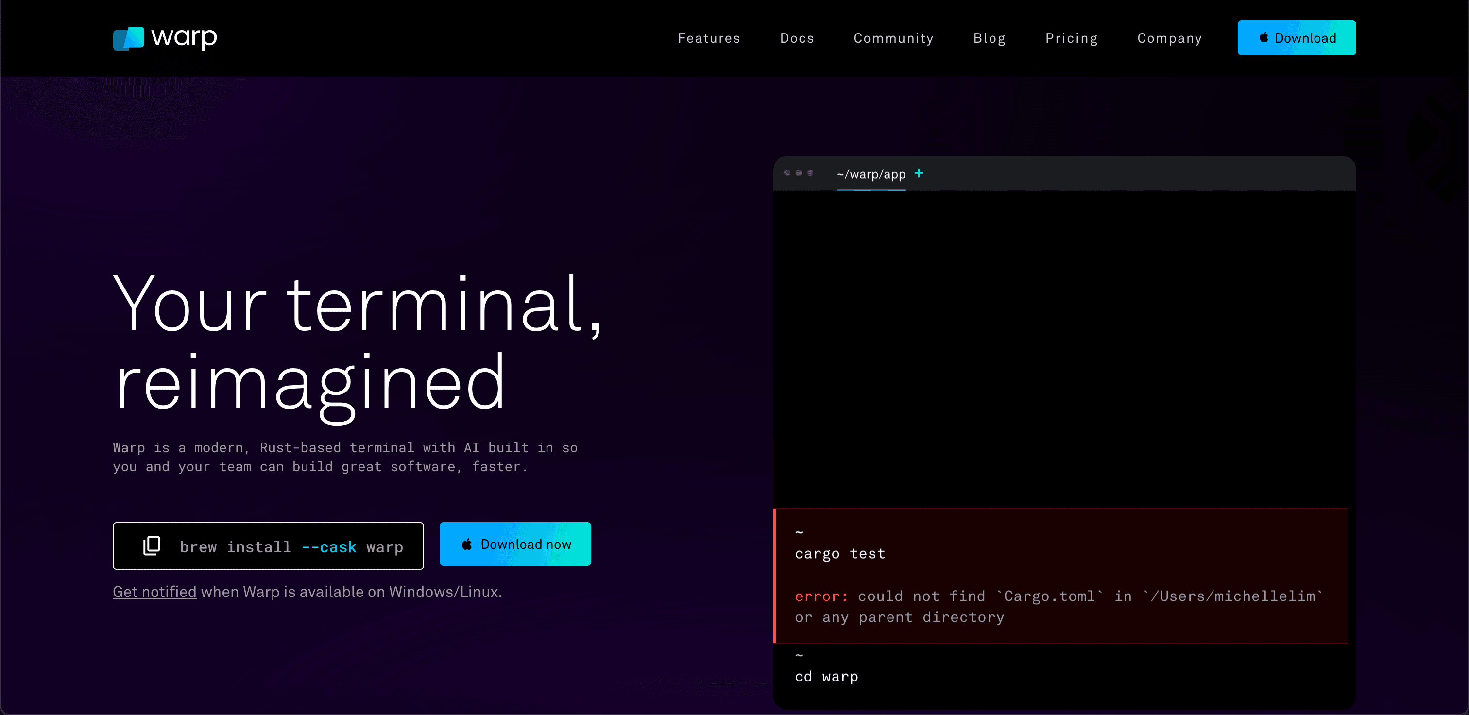 Warp website screenshot